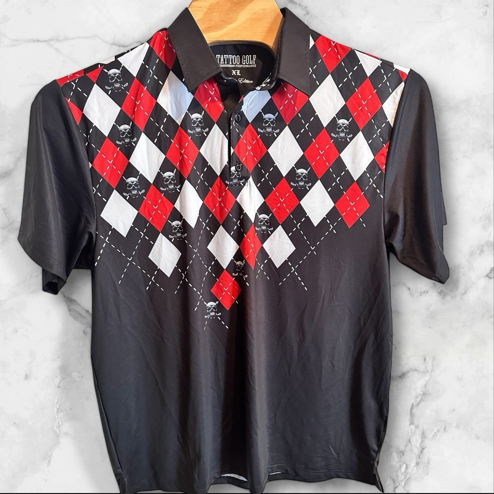 Tattoo Performance Golf Polo Monster Edition Shirt Mens XL Skull Argyle